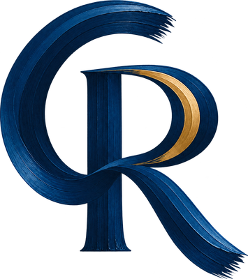 Coat of Record monogram: the letters C and R painted in navy brush strokes with a gold accent
