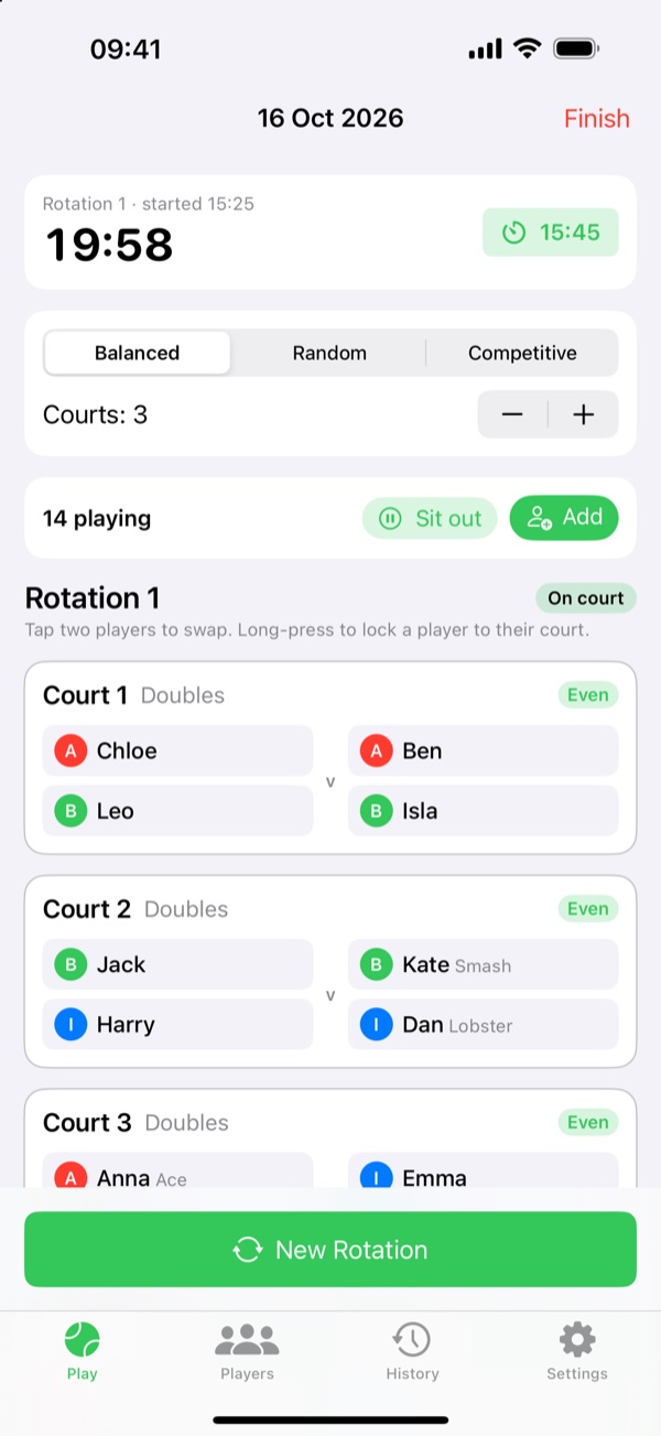 Rally Round session board: 14 playing on 3 courts, balanced doubles, with the rotation timer running